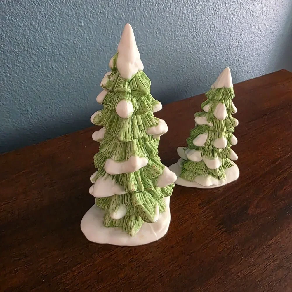 Department 56 Village Ceramic Snowy Evergreen Pine Christmas Tree Lot of 2 VTG